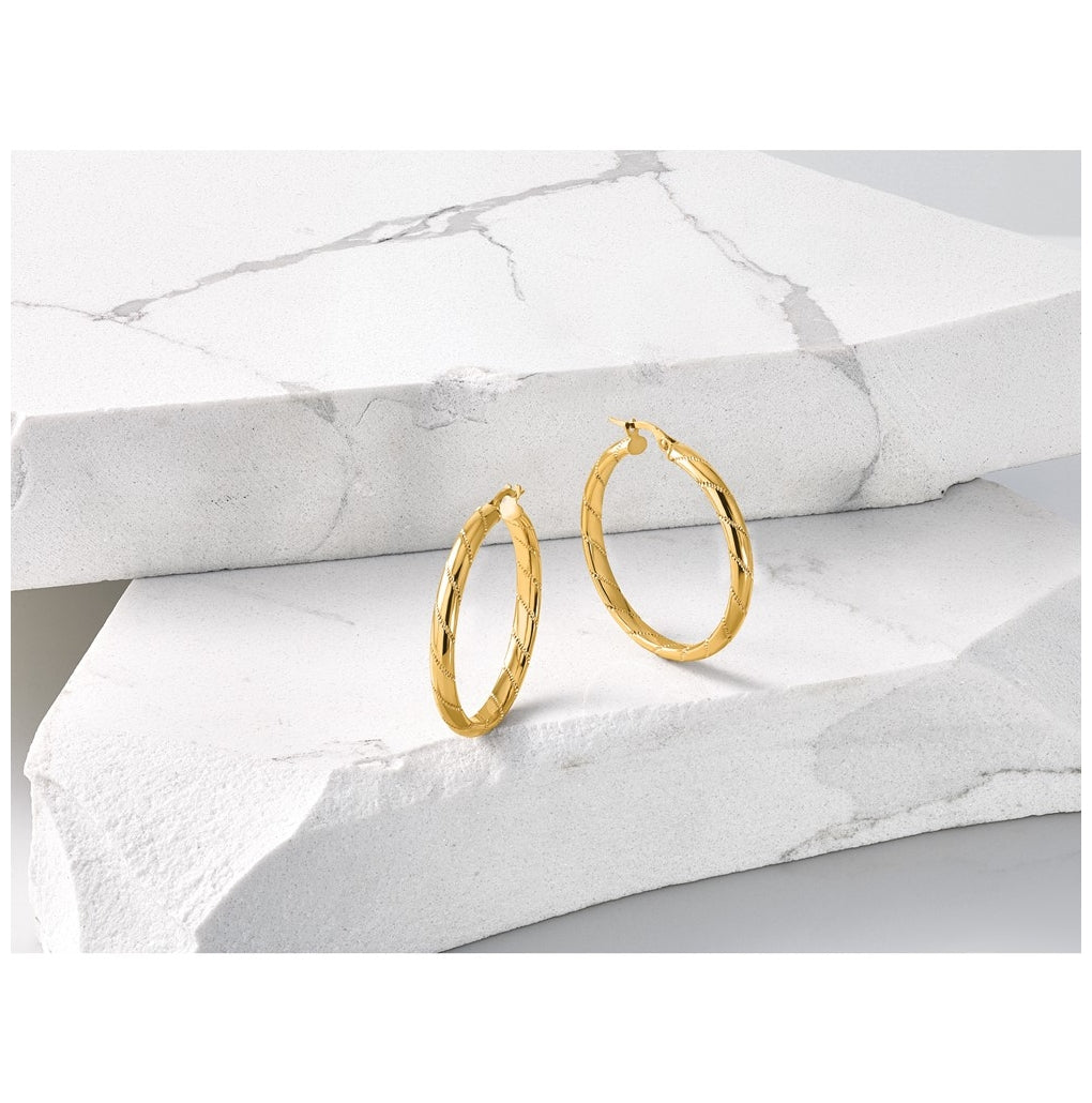 14k Yellow Gold Polished and Textured Round Hoop Earrings