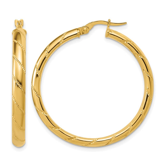 14k Yellow Gold Polished and Textured Round Hoop Earrings