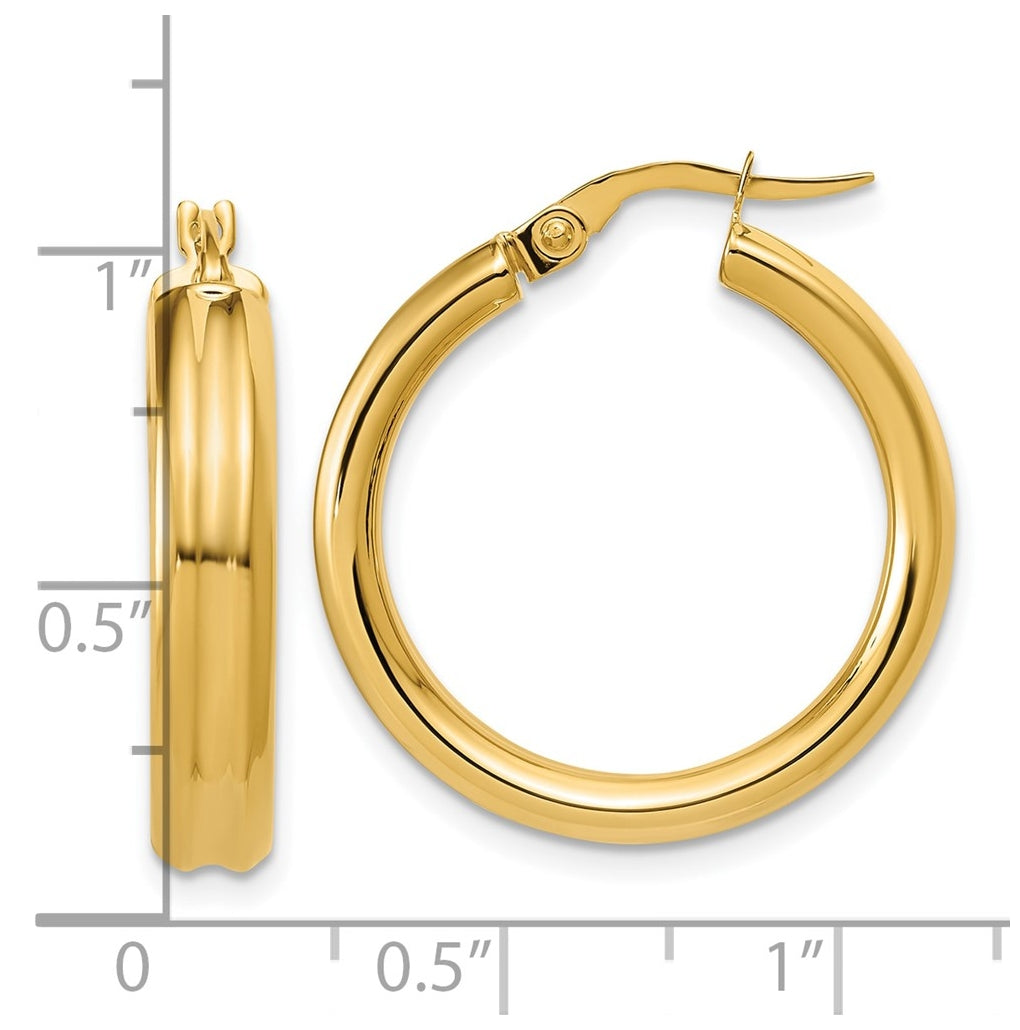 14k Yellow Gold Polished and Grooved Round Hoop Earrings