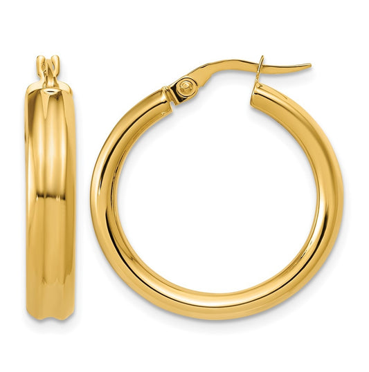 14k Yellow Gold Polished and Grooved Round Hoop Earrings