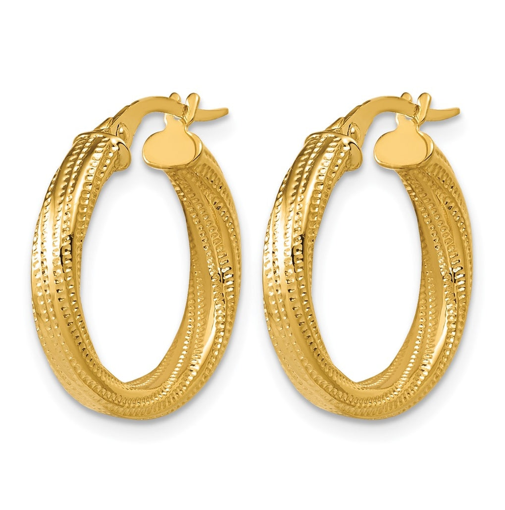 14k Yellow Gold Polished / Textured and Twisted Round Hoop Earrings