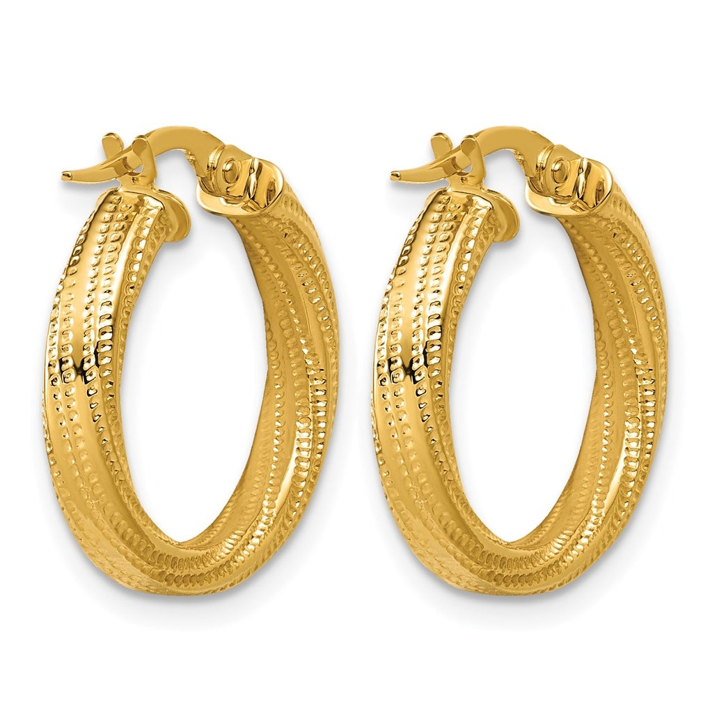 14k Yellow Gold Polished / Textured and Twisted Round Hoop Earrings
