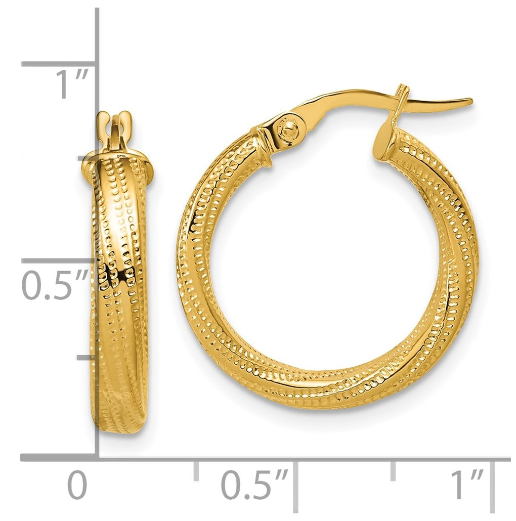 14k Yellow Gold Polished / Textured and Twisted Round Hoop Earrings