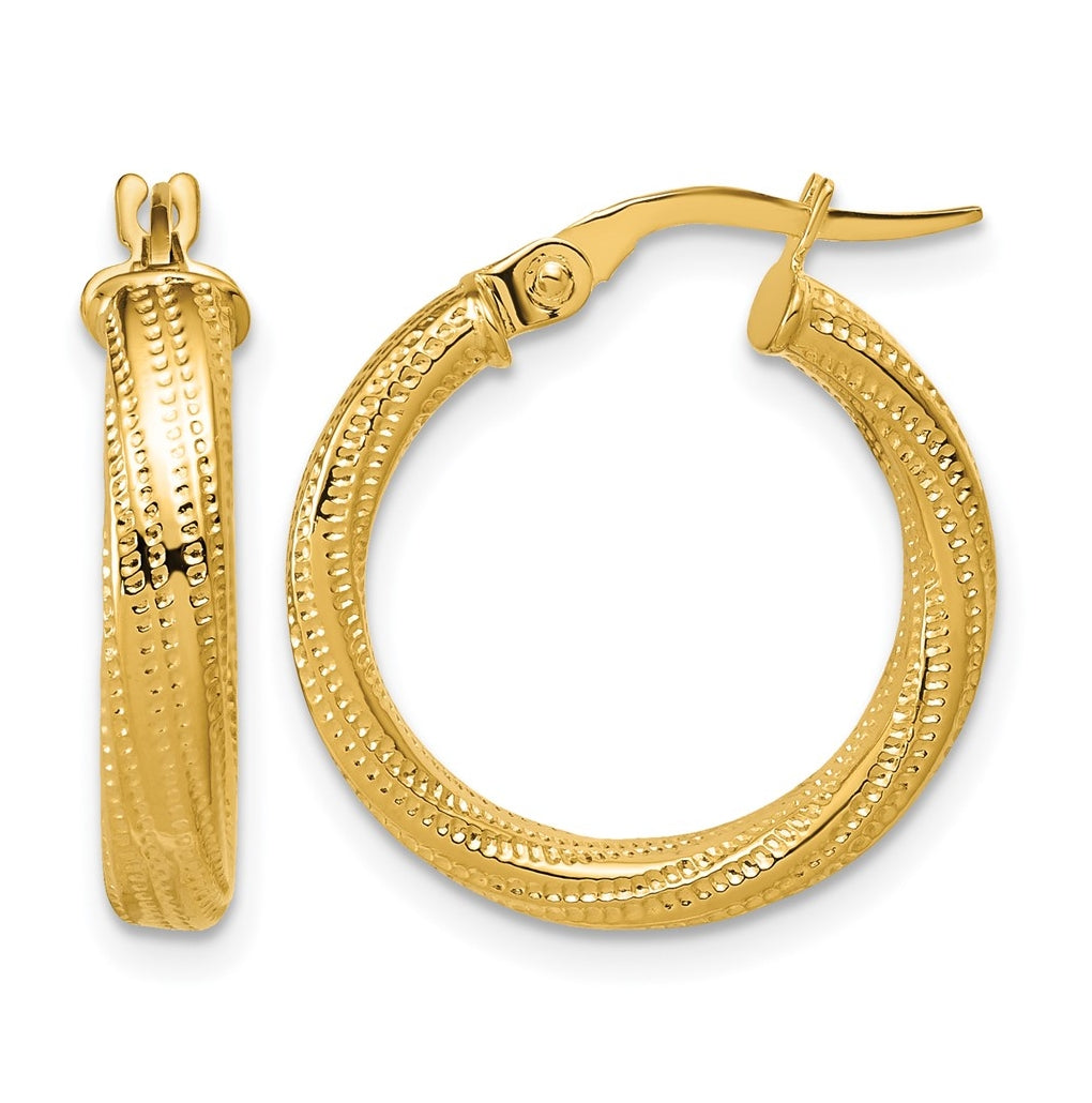 14k Yellow Gold Polished / Textured and Twisted Round Hoop Earrings