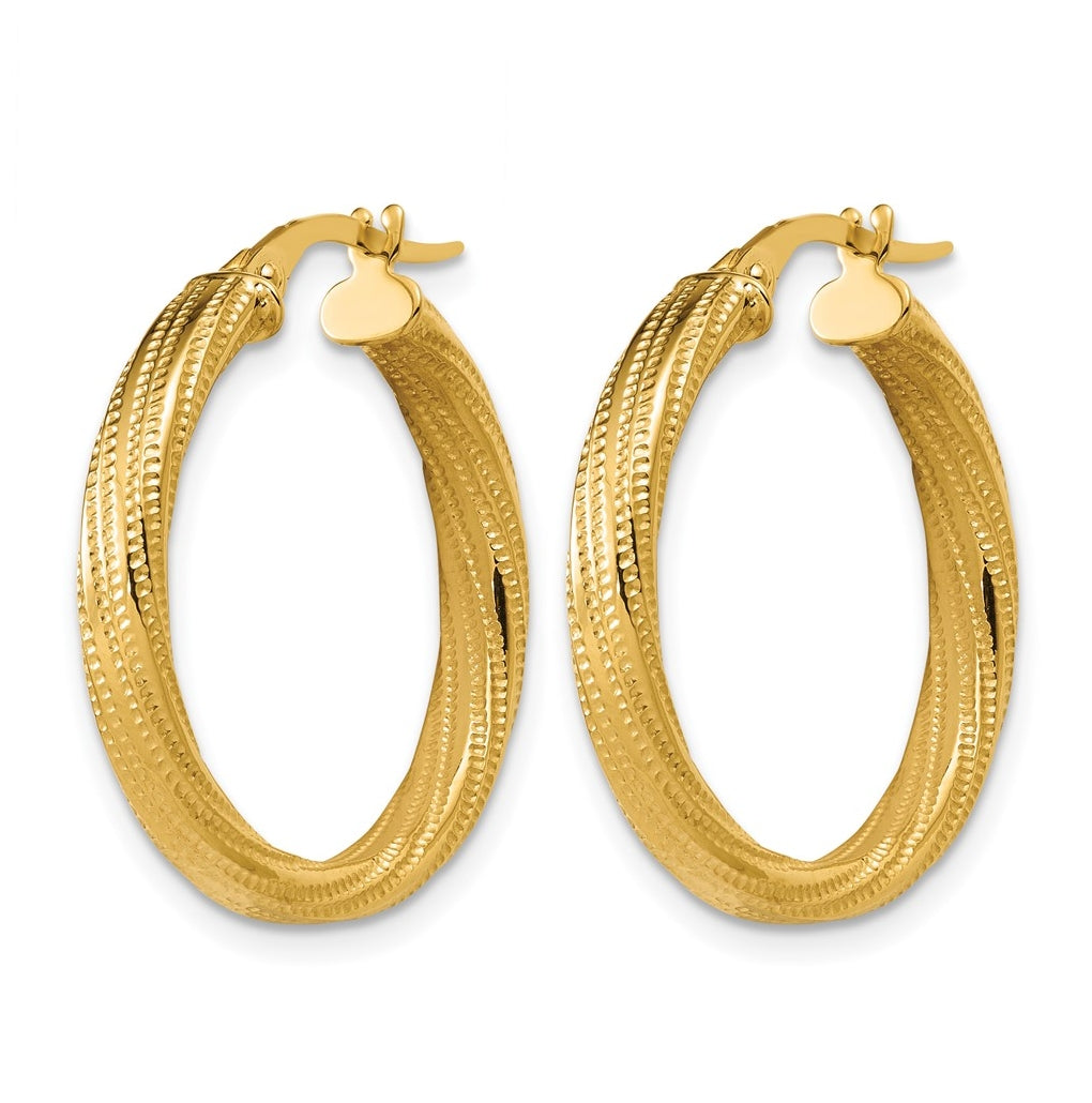 14k Yellow Gold Polished / Textured and Twisted Round Hoop Earrings