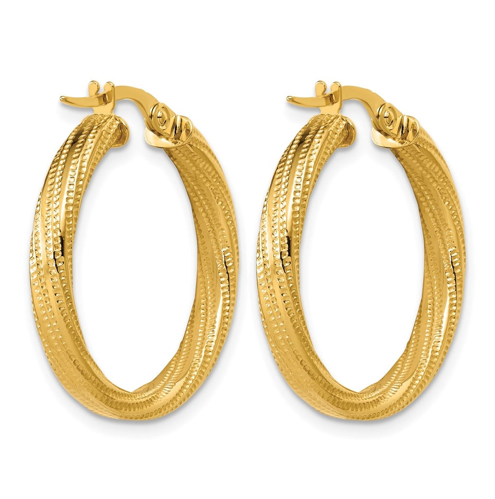 14k Yellow Gold Polished / Textured and Twisted Round Hoop Earrings