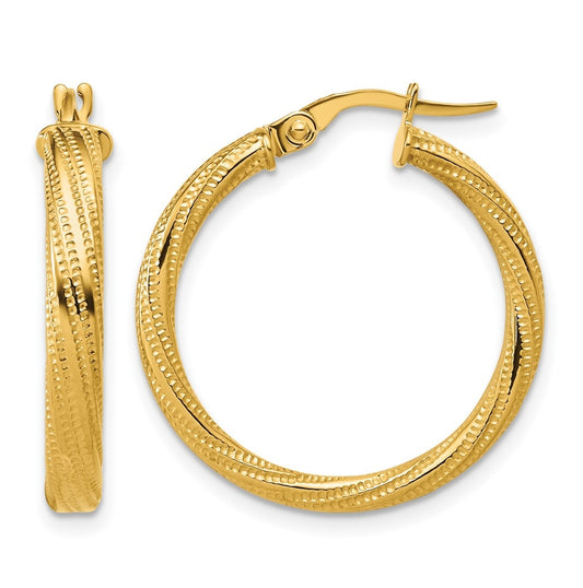 14k Yellow Gold Polished / Textured and Twisted Round Hoop Earrings