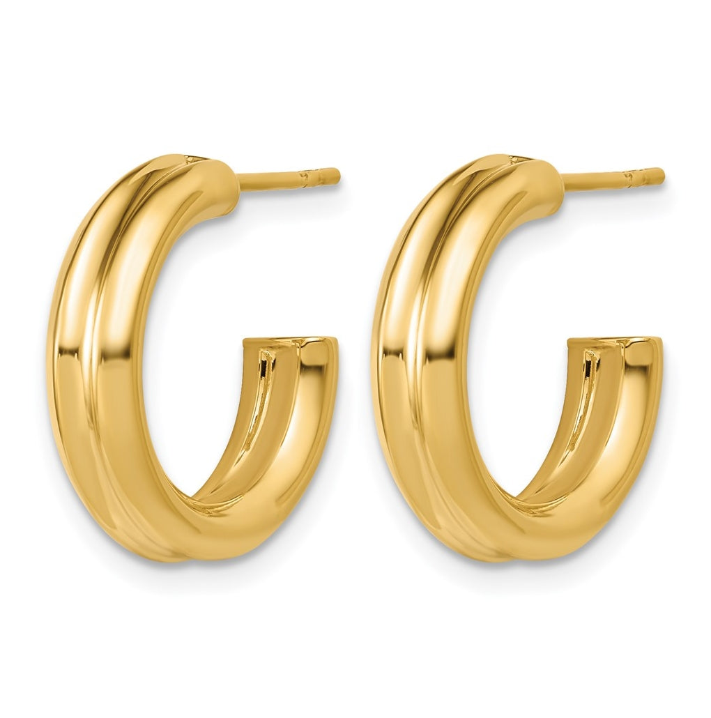 14k Yellow Gold Polished and Grooved J-Hoop Post Earrings