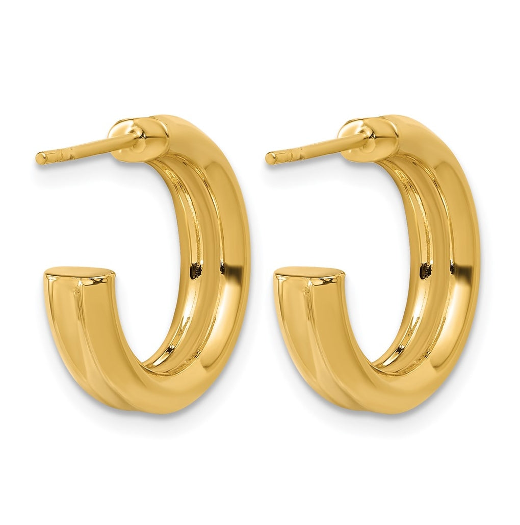 14k Yellow Gold Polished and Grooved J-Hoop Post Earrings