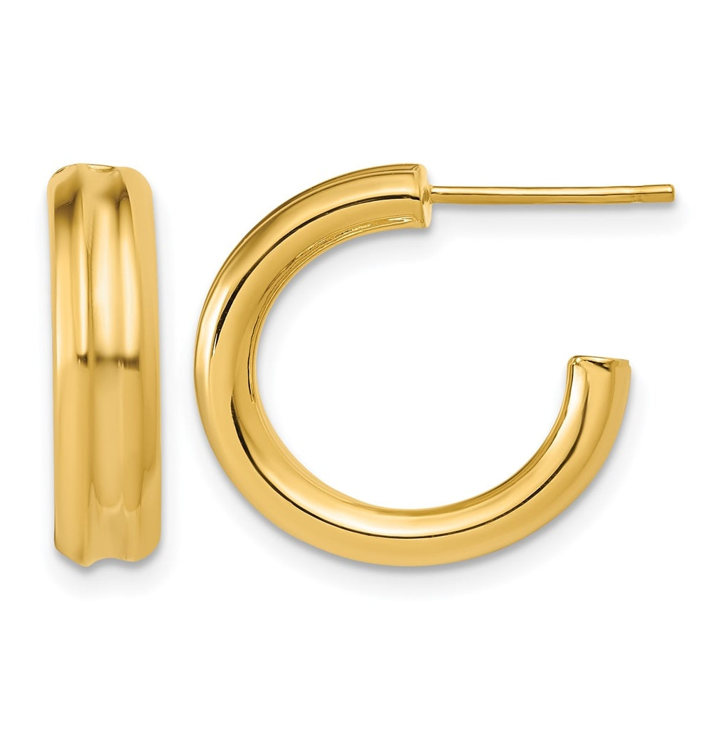 14k Yellow Gold Polished and Grooved J-Hoop Post Earrings