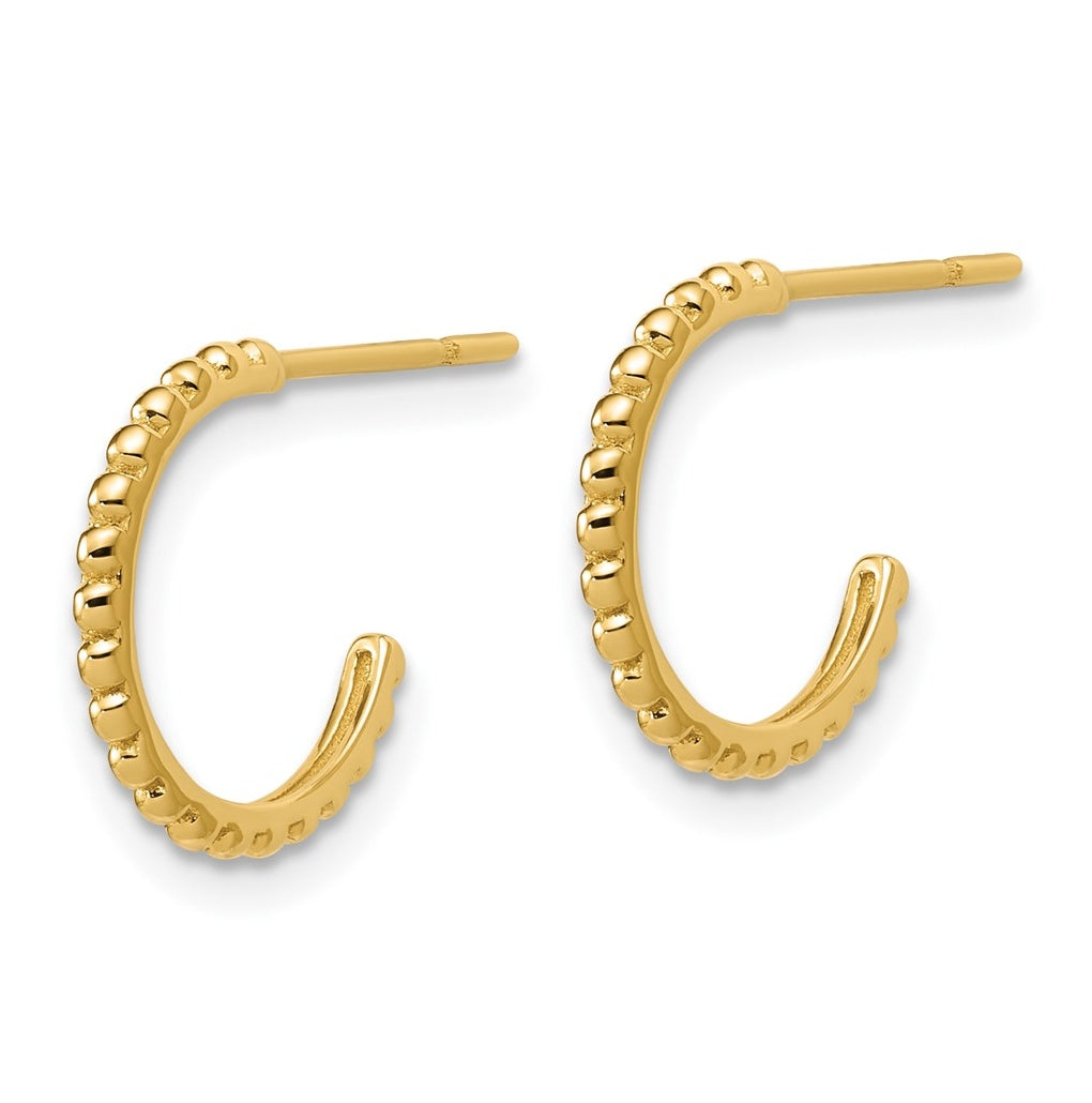 14k Yellow Gold Polished and Beaded J-Hoop Post Earrings