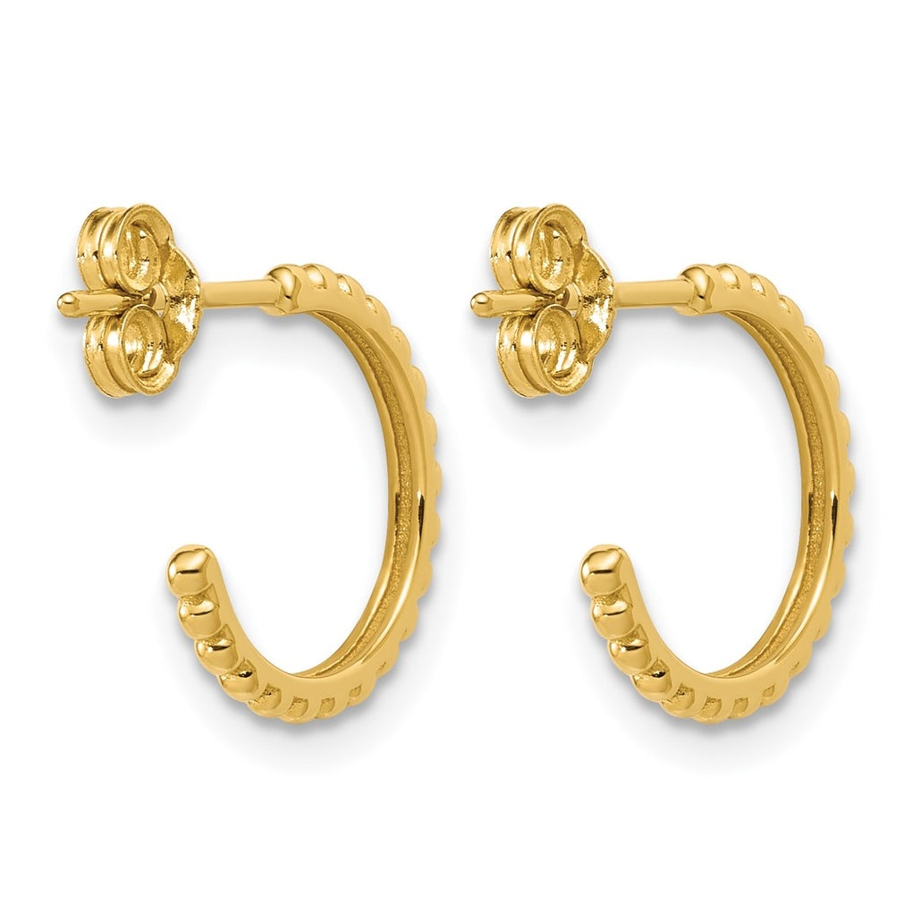14k Yellow Gold Polished and Beaded J-Hoop Post Earrings