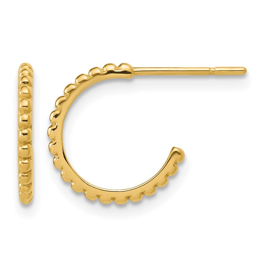 14k Yellow Gold Polished and Beaded J-Hoop Post Earrings