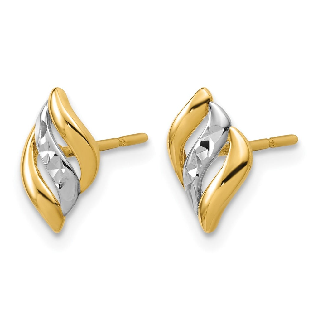 14k Yellow Gold w/Rhodium Polished and Diamond-cut Post Earrings
