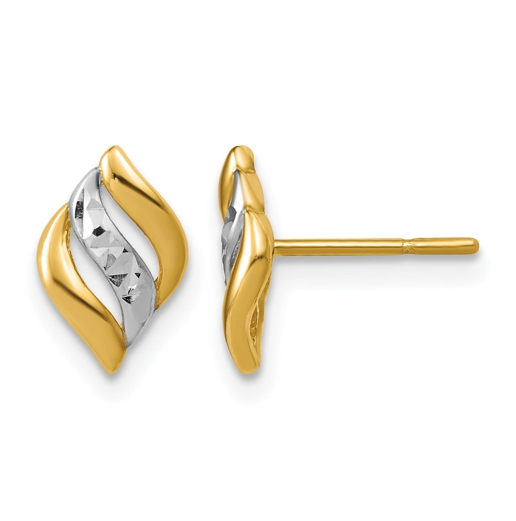 14k Yellow Gold w/Rhodium Polished and Diamond-cut Post Earrings