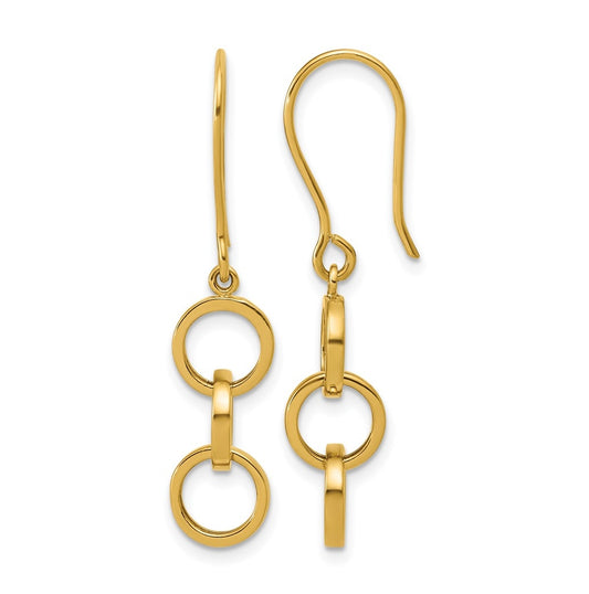 14k Yellow Gold Polished Circles Dangle Shepard Hook Earrings