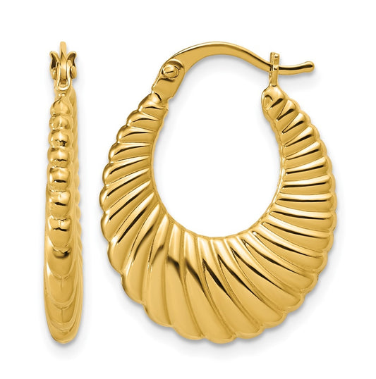 14k Yellow Gold Polished and Grooved Hoop Earrings