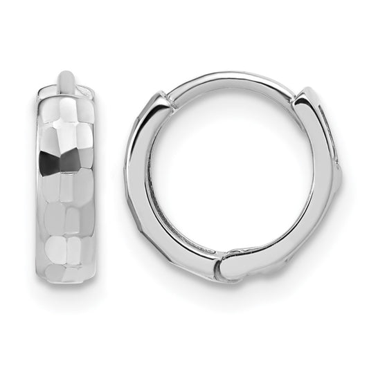 14K White Gold Polished and D/C Huggie Hoop Earrings