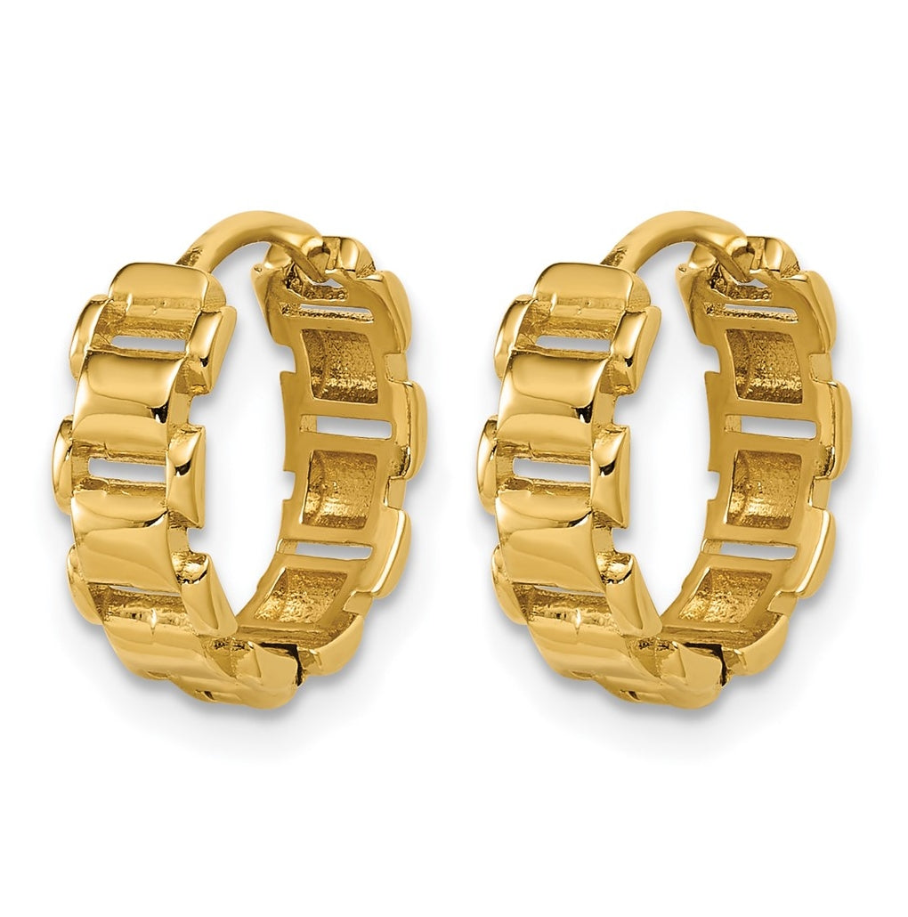 14k Yellow Gold Polished Link Pattern Hinged Huggie Hoop Earrings
