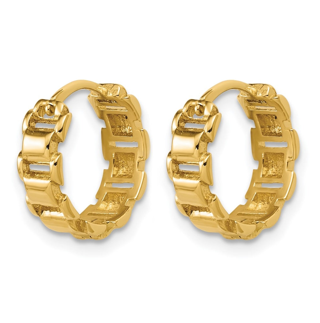 14k Yellow Gold Polished Link Pattern Hinged Huggie Hoop Earrings