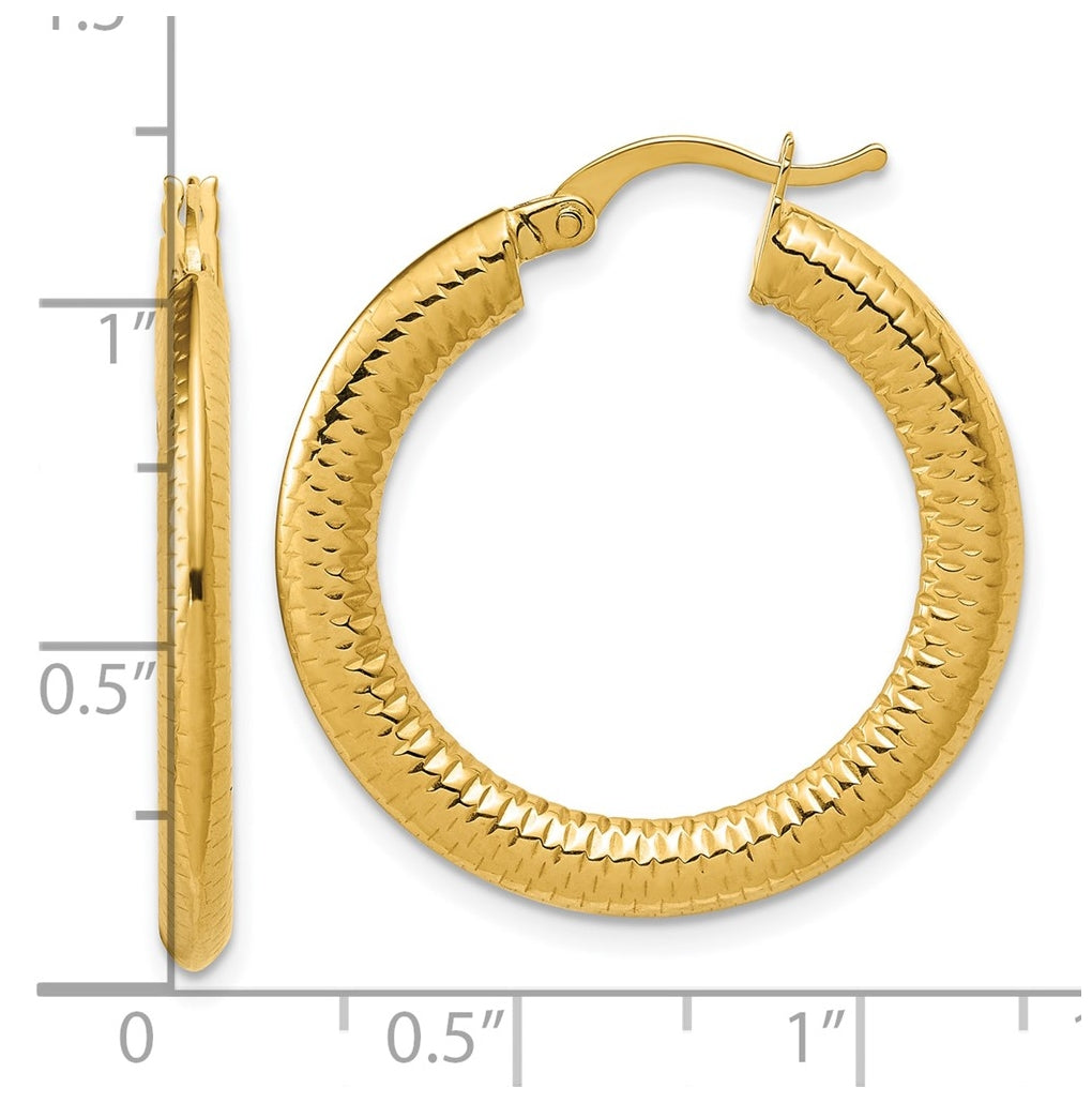 14k Yellow Gold Polished and Grooved Hoop Earrings