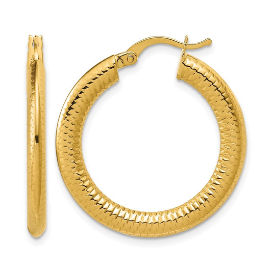 14k Yellow Gold Polished and Grooved Hoop Earrings