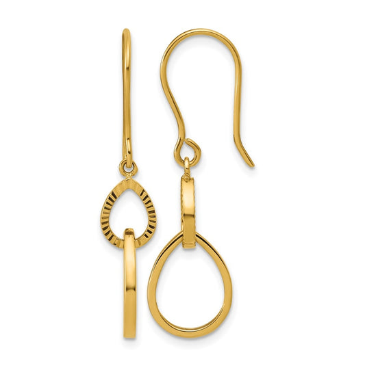 14k Yellow Gold Polished and Diamond-cut Teardrop Dangle Earrings