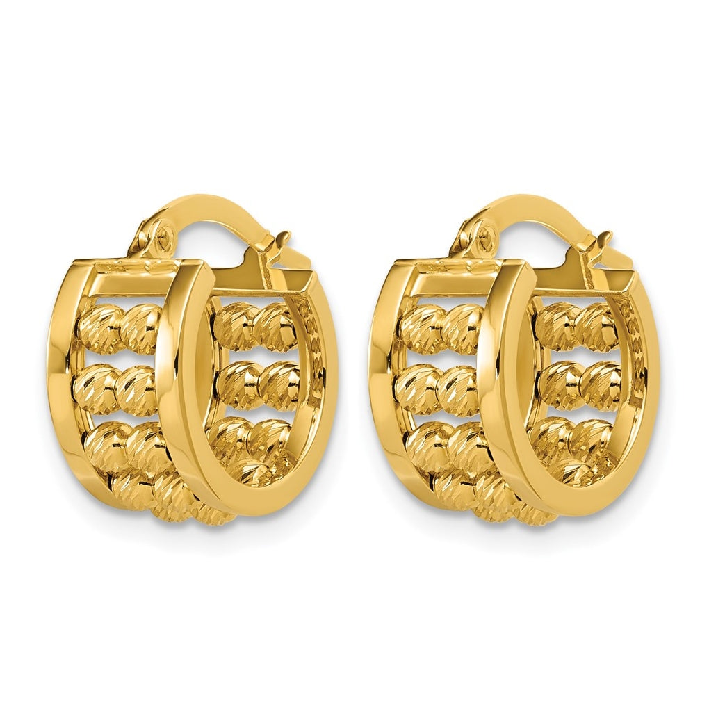 14k Yellow Gold Polished and Diamond-cut 2-row Beaded Tube Hoop Earrings