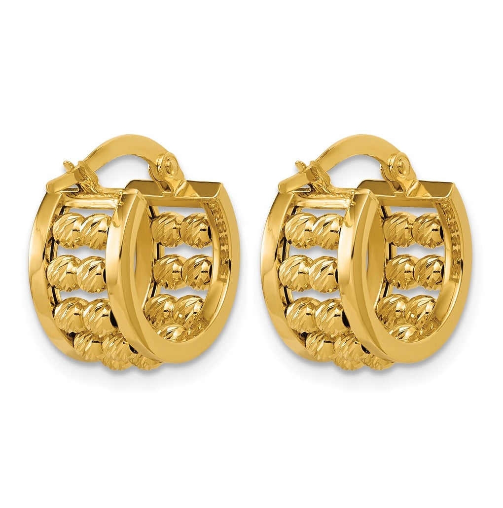 14k Yellow Gold Polished and Diamond-cut 2-row Beaded Tube Hoop Earrings
