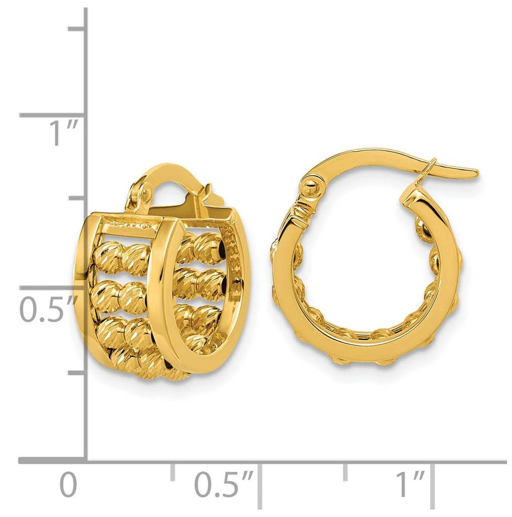 14k Yellow Gold Polished and Diamond-cut 2-row Beaded Tube Hoop Earrings
