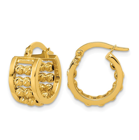 14k Yellow Gold Polished and Diamond-cut 2-row Beaded Tube Hoop Earrings