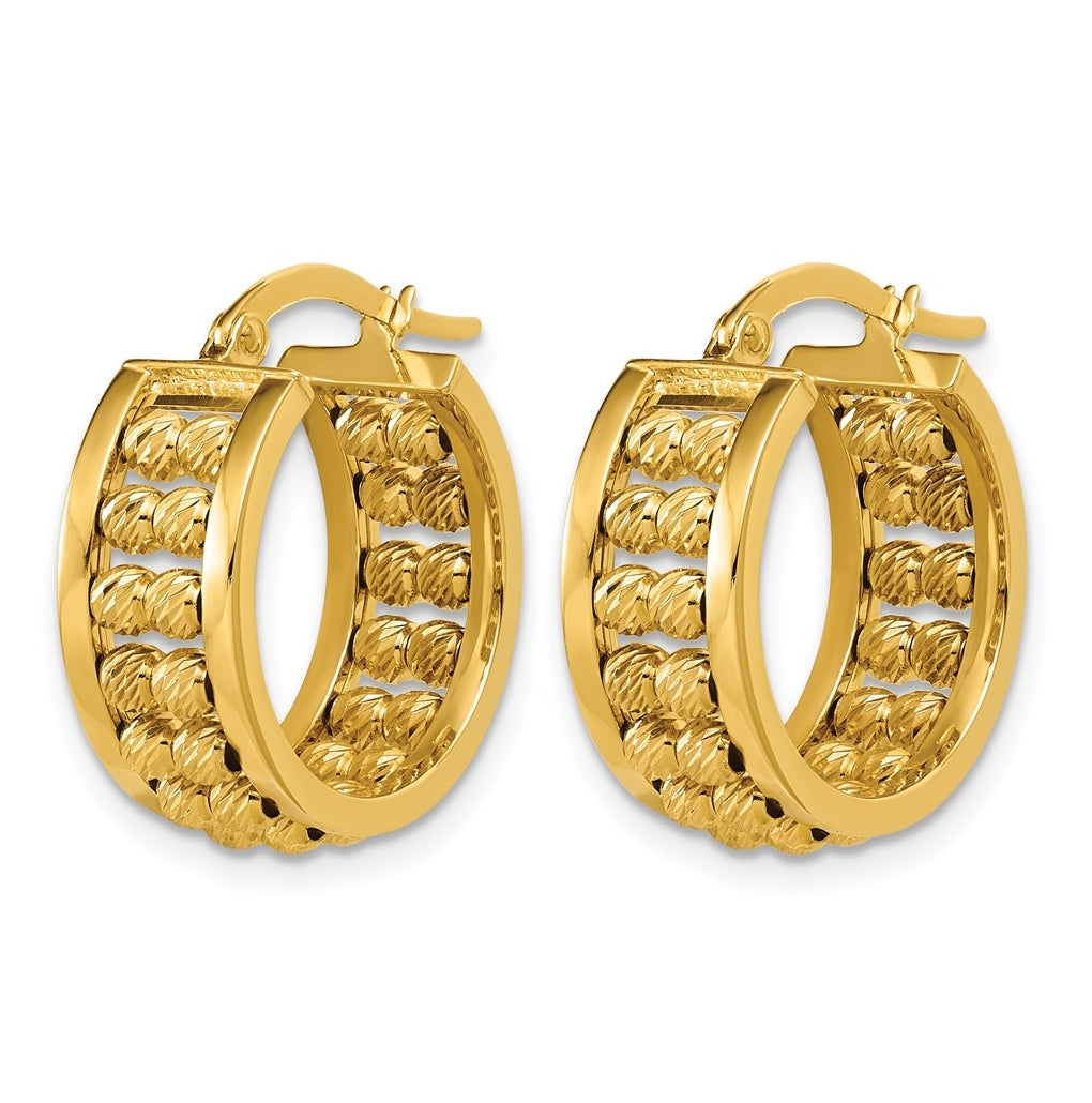 14k Yellow Gold Polished and Diamond-cut 2-row Beaded Tube Hoop Earrings