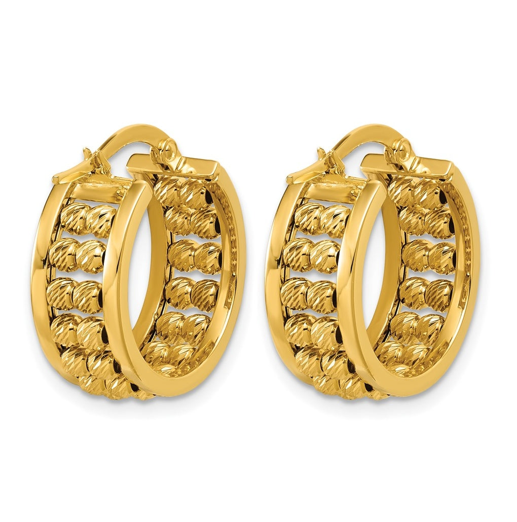 14k Yellow Gold Polished and Diamond-cut 2-row Beaded Tube Hoop Earrings