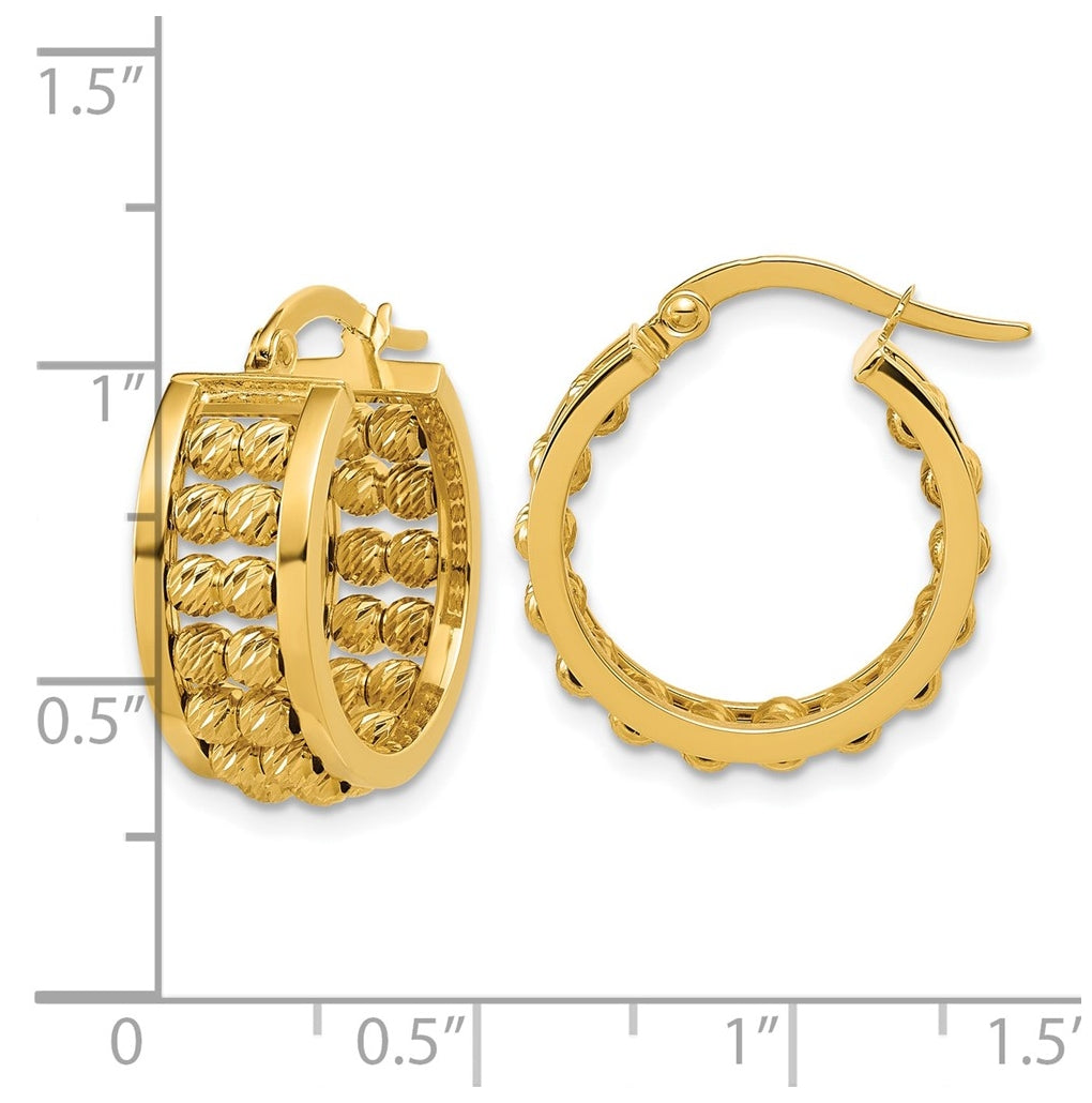 14k Yellow Gold Polished and Diamond-cut 2-row Beaded Tube Hoop Earrings