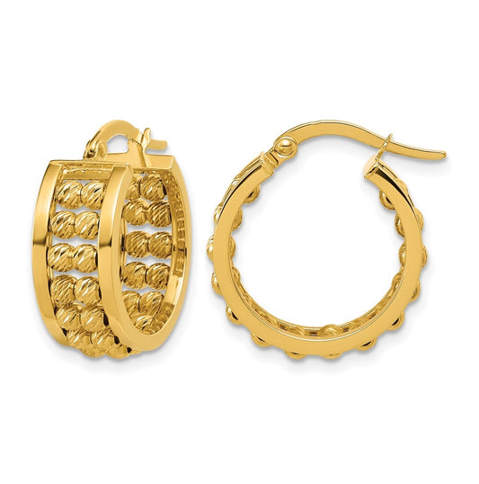 14k Yellow Gold Polished and Diamond-cut 2-row Beaded Tube Hoop Earrings