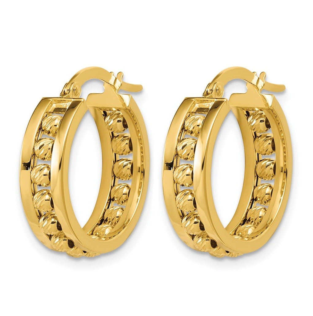 14k Yellow Gold Polished and Diamond-cut Beaded Tube Hoop Earrings