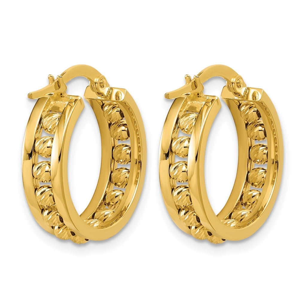 14k Yellow Gold Polished and Diamond-cut Beaded Tube Hoop Earrings