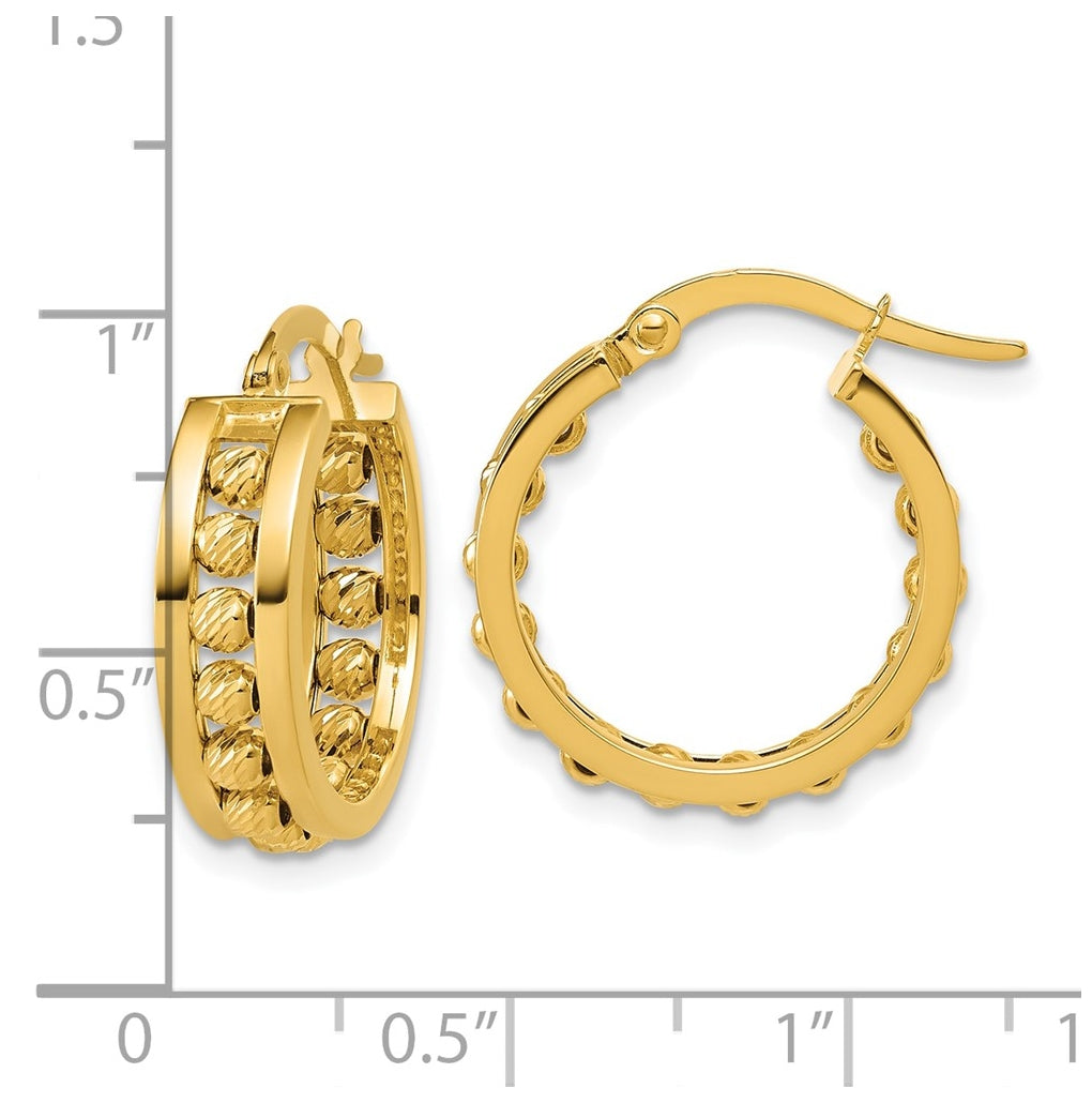 14k Yellow Gold Polished and Diamond-cut Beaded Tube Hoop Earrings