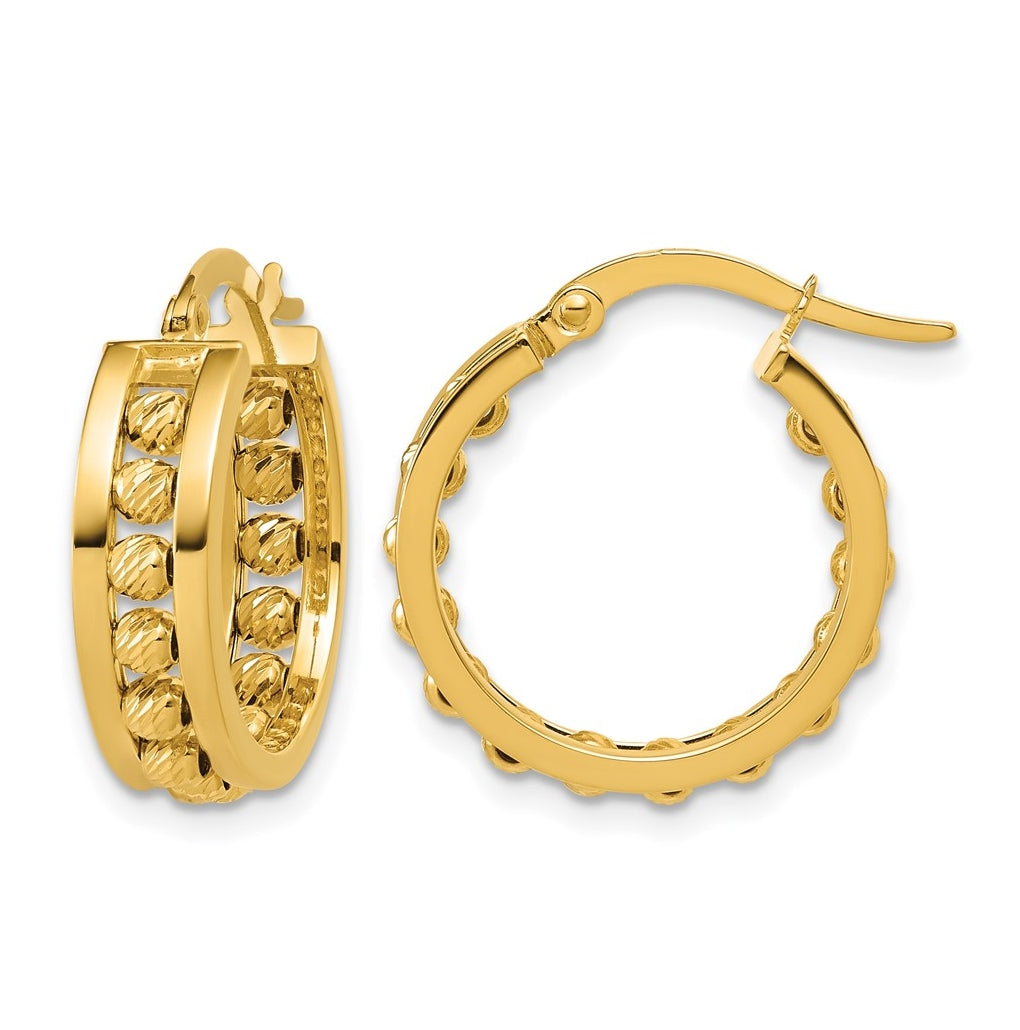 14k Yellow Gold Polished and Diamond-cut Beaded Tube Hoop Earrings