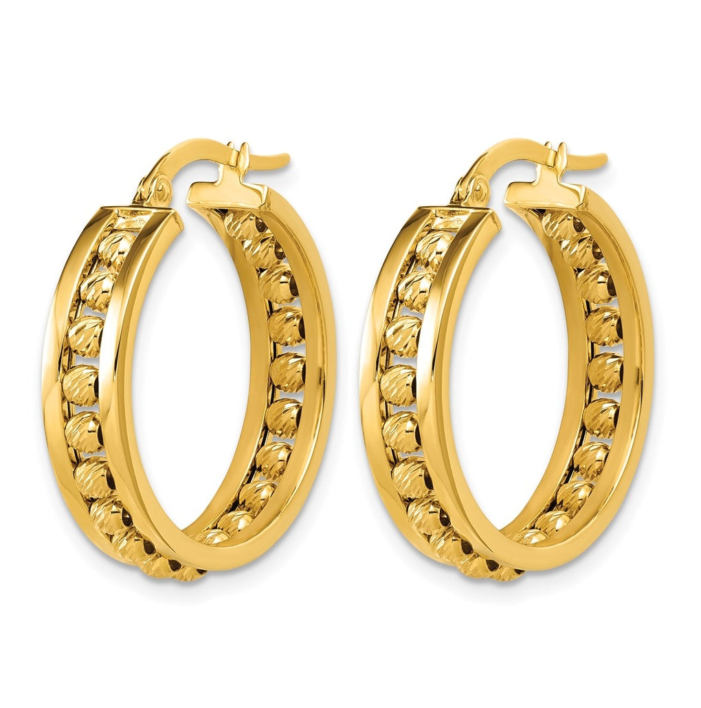14k Yellow Gold Polished and Diamond-cut Beaded Tube Hoop Earrings