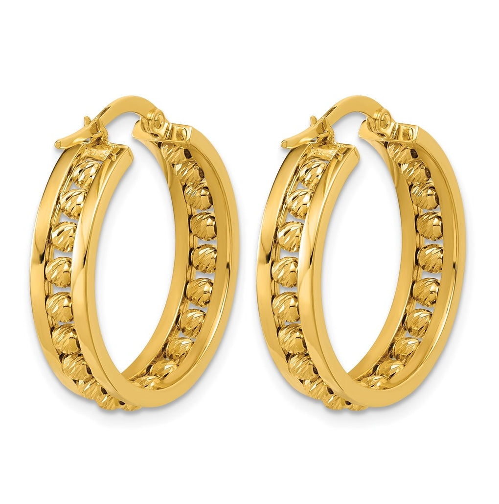 14k Yellow Gold Polished and Diamond-cut Beaded Tube Hoop Earrings