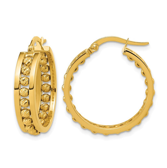 14k Yellow Gold Polished and Diamond-cut Beaded Tube Hoop Earrings
