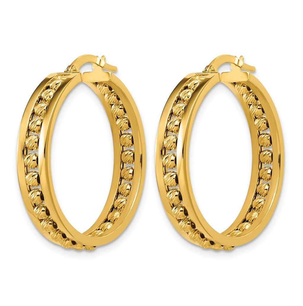14k Yellow Gold Polished and Diamond-cut Beaded Tube Hoop Earrings