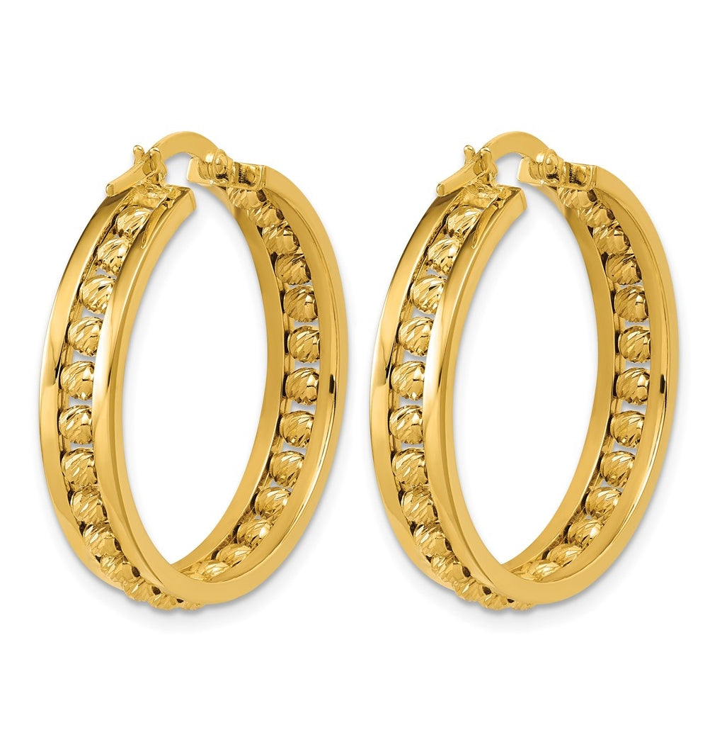 14k Yellow Gold Polished and Diamond-cut Beaded Tube Hoop Earrings