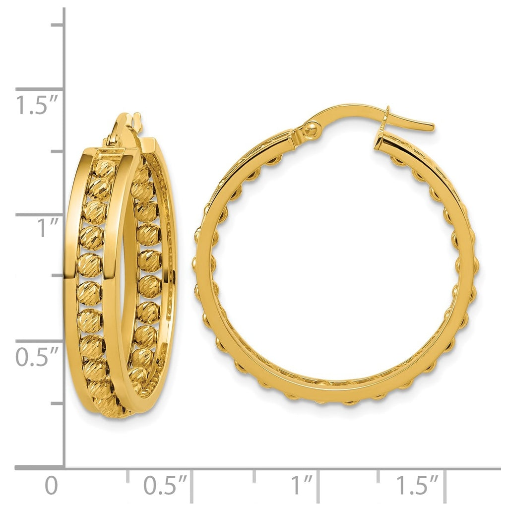 14k Yellow Gold Polished and Diamond-cut Beaded Tube Hoop Earrings