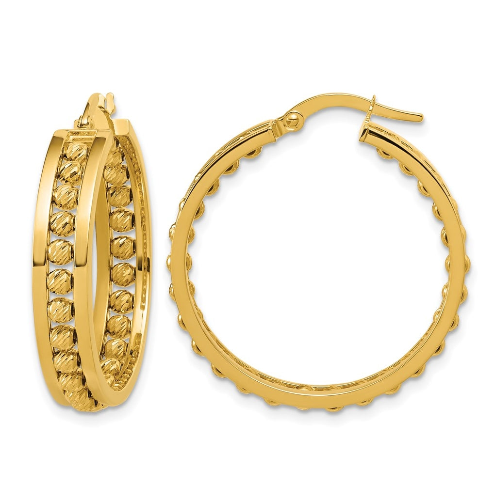 14k Yellow Gold Polished and Diamond-cut Beaded Tube Hoop Earrings