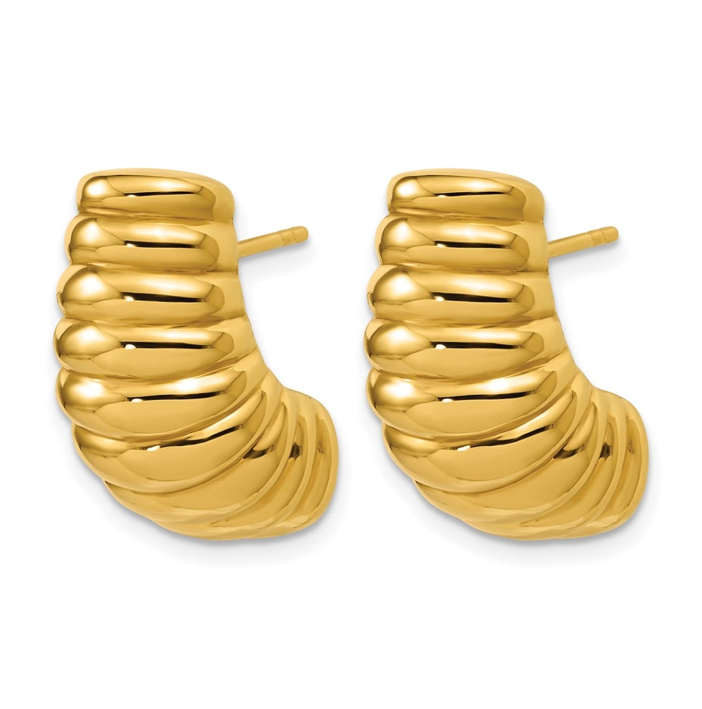 14k Yellow Gold Polished and Grooved Hollow Puffed Post Earrings