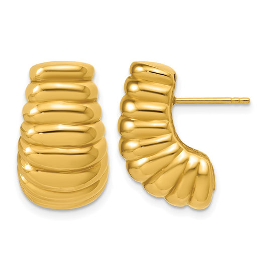 14k Yellow Gold Polished and Grooved Hollow Puffed Post Earrings