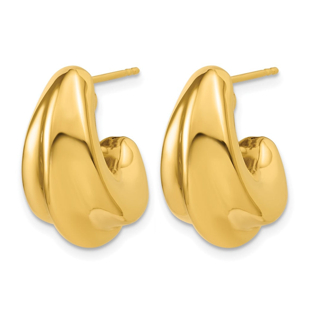 14k Yellow Gold Polished Hollow Puffed Grooved J-Hoop Earrings