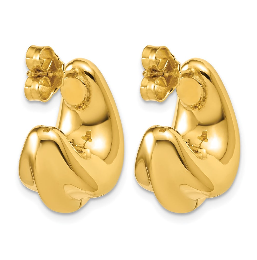 14k Yellow Gold Polished Hollow Puffed Grooved J-Hoop Earrings